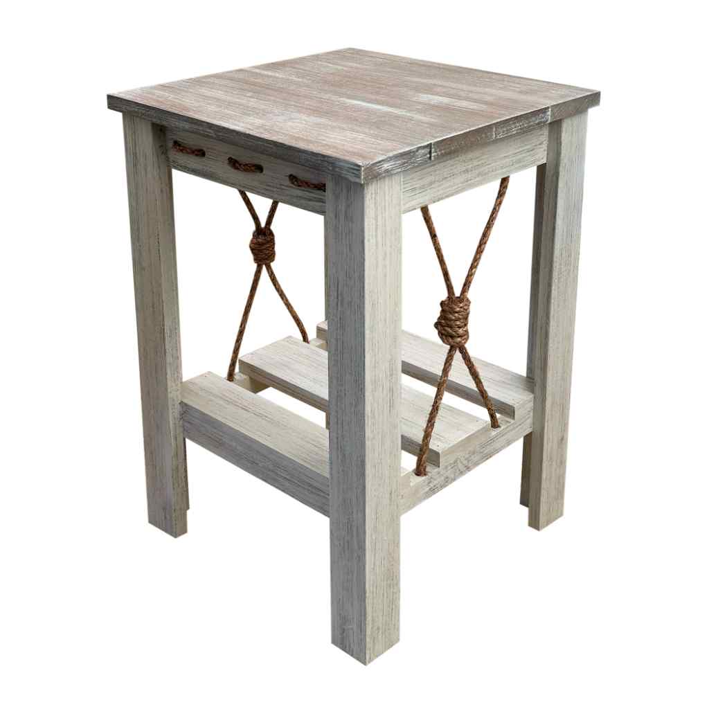 17in. Square All Wood End Table With Slat Shelf And Knotted Rope Accent