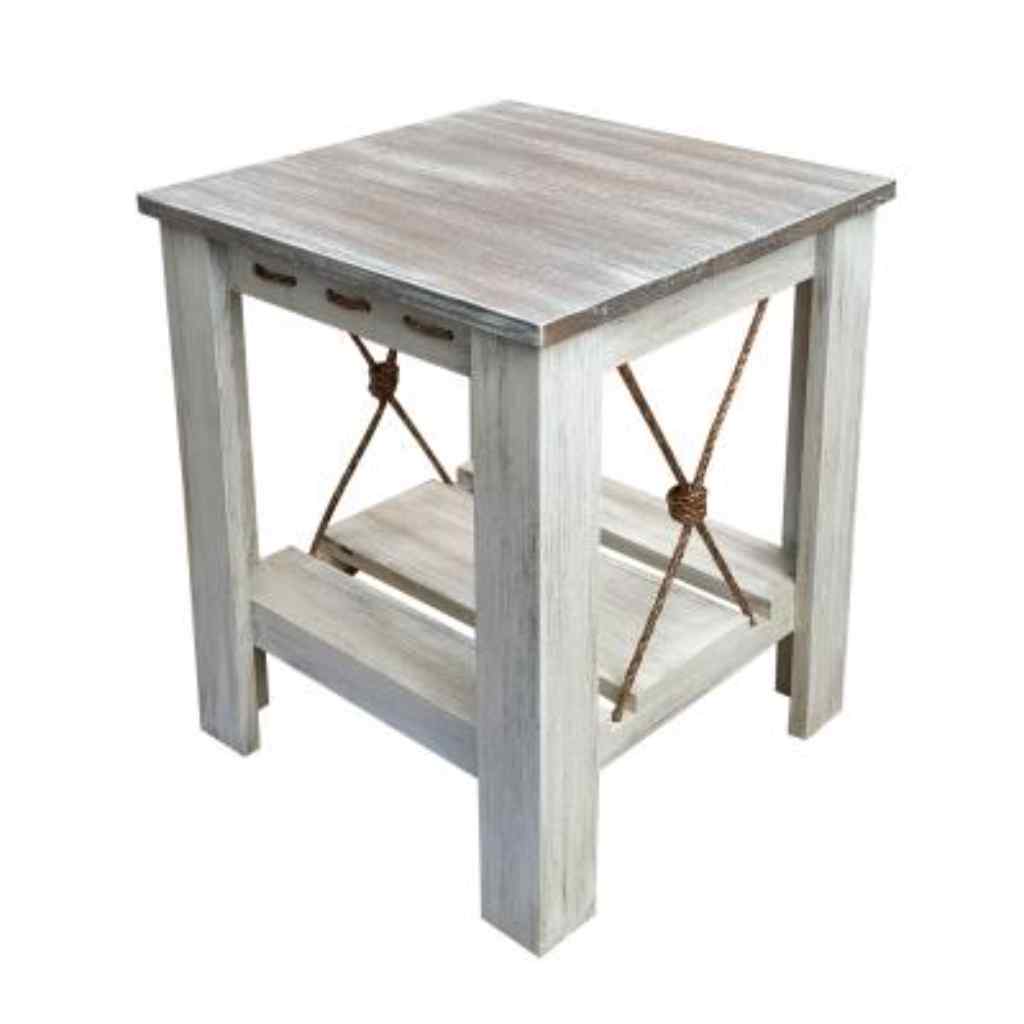 21in. Square All Wood End Table With Slat Shelf And Knotted Rope Accent