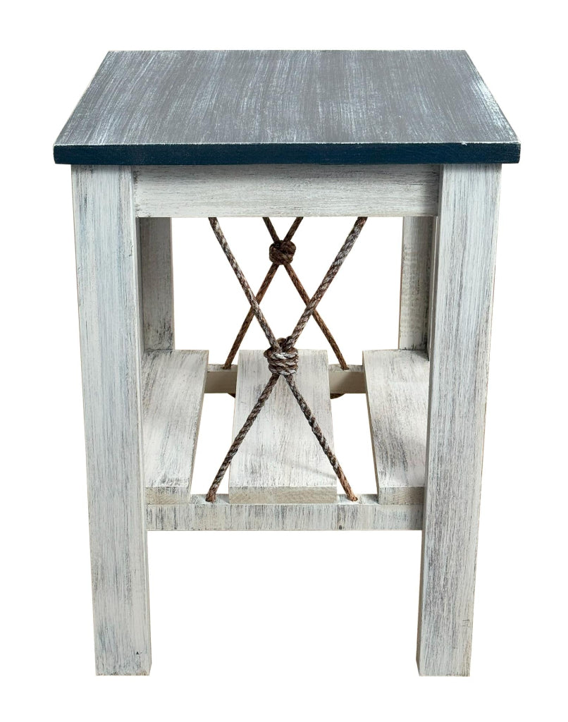 21in. Square All Wood End Table With Slat Shelf And Knotted Rope Accent - Weathered Navy
