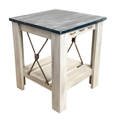 21in. Square All Wood End Table With Slat Shelf And Knotted Rope Accent - Weathered Navy
