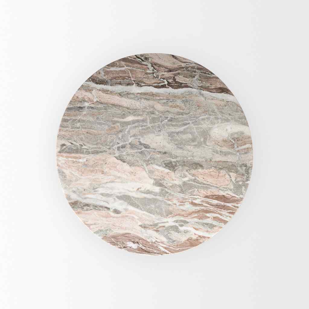 Allyson 42in Round Brown Wood Pedestal W- Pink Marble Top Dining Table