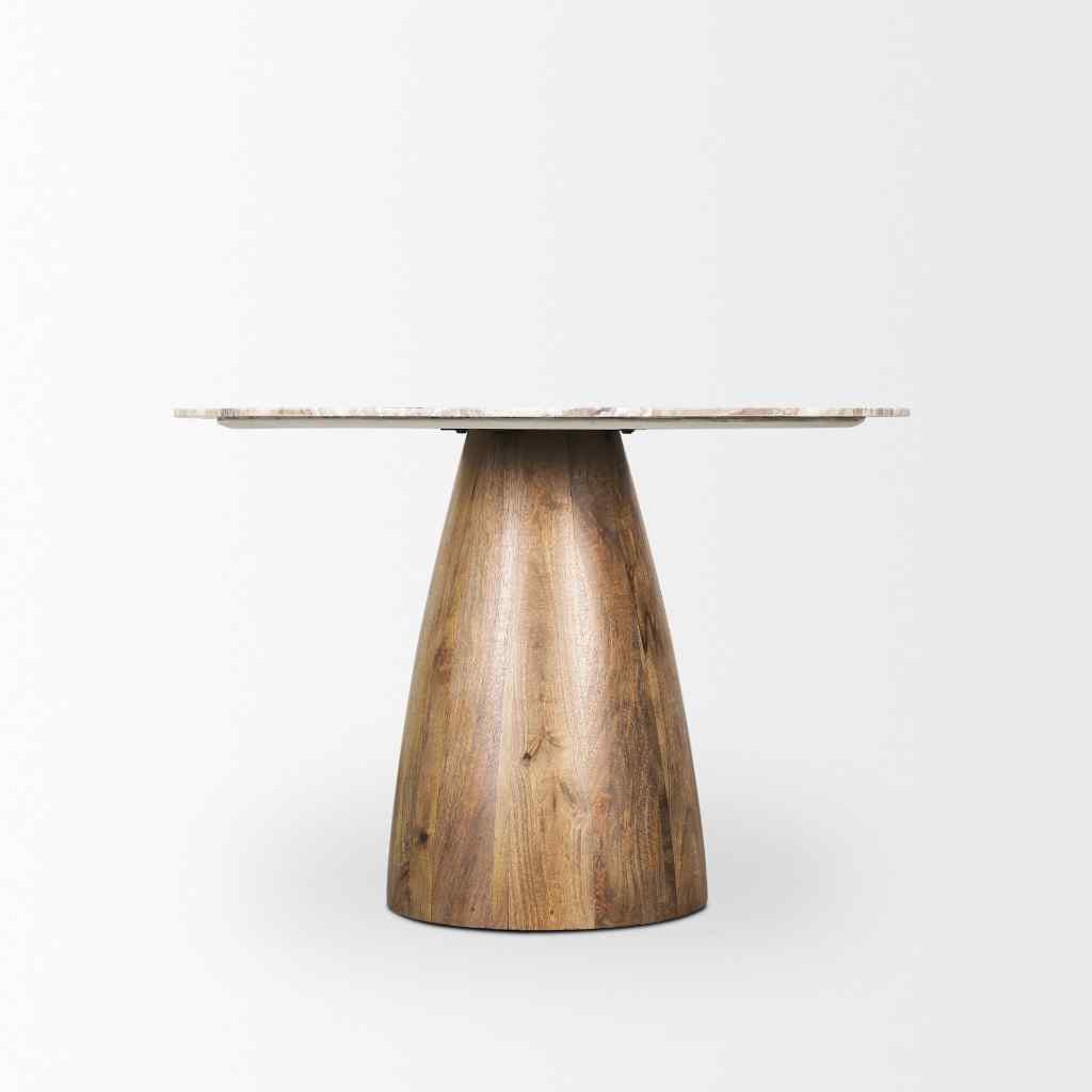 Allyson 42in Round Brown Wood Pedestal W- Pink Marble Top Dining Table