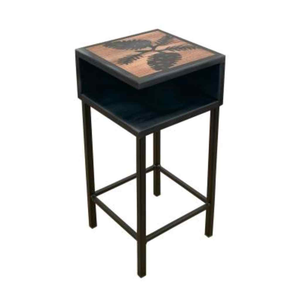 Black-Stain Wooden Drink Table With Iron Base And Shelf- Etched Pinecone Top