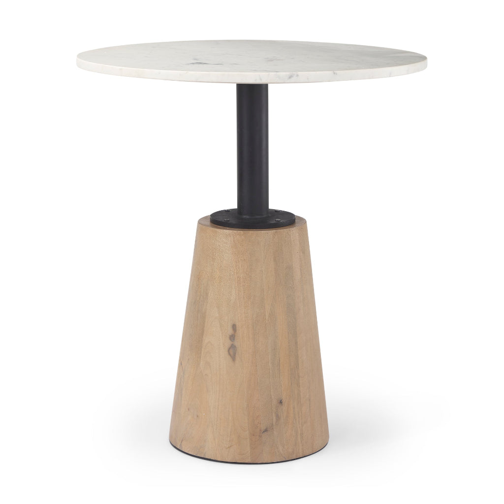 Maxwell 32in Round White Marble Tabletop W- Blonde Wood & Black Metal Accent Pedestal Bistro Table