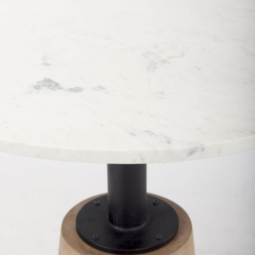 Maxwell 32in Round White Marble Tabletop W- Blonde Wood & Black Metal Accent Pedestal Bistro Table