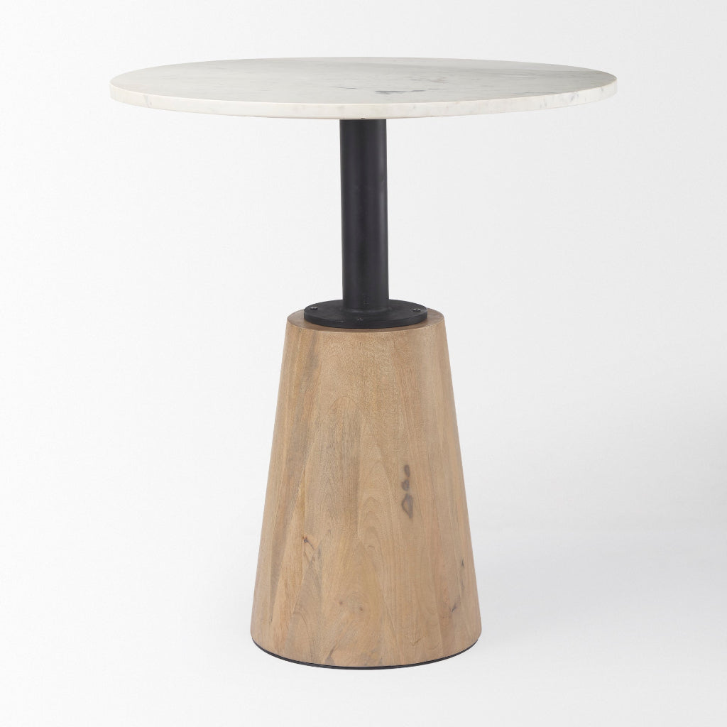 Maxwell 32in Round White Marble Tabletop W- Blonde Wood & Black Metal Accent Pedestal Bistro Table